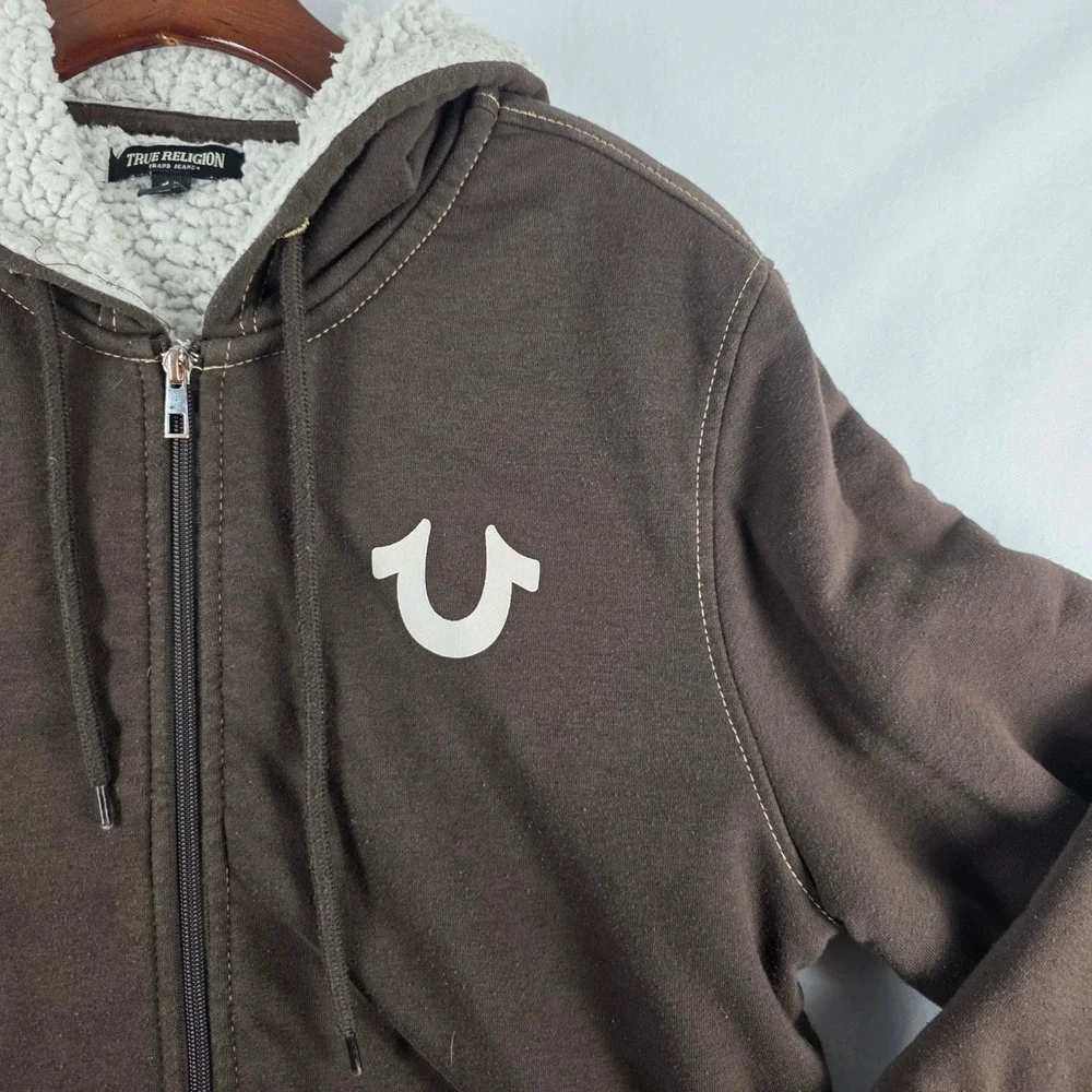 True Religion Mens Brown Sherpa Lined Full Zip Buddha Logo Hoodie Small